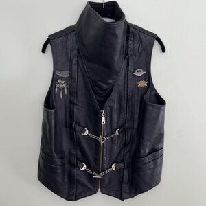 Vintage UNIK SZ LG Adjustable Leather Vest & Neck Cover Embroidered W/Event Pins